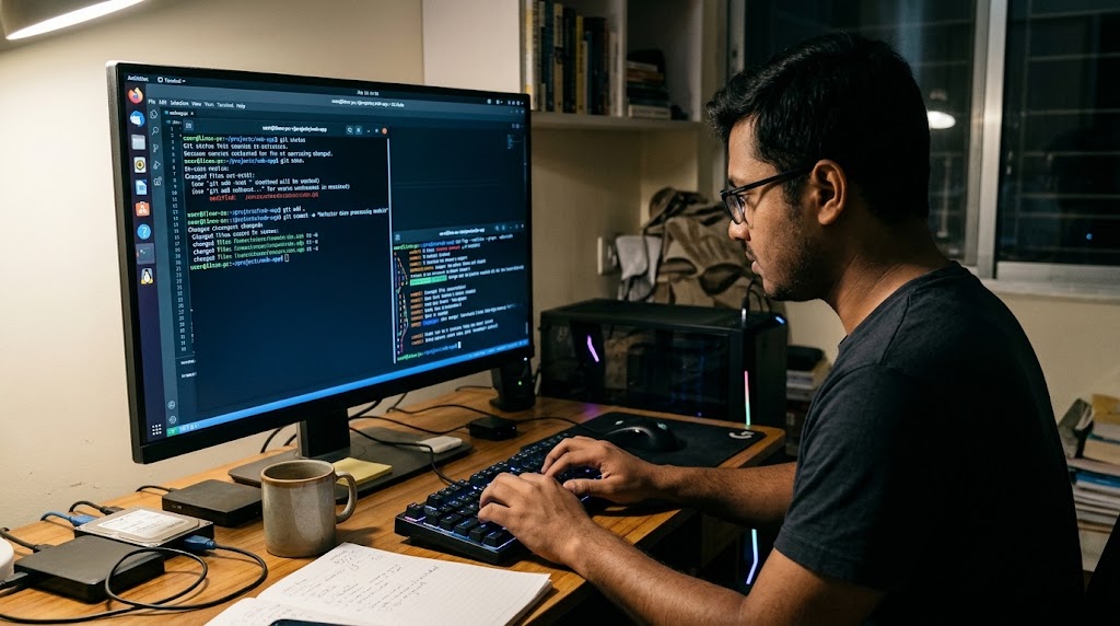 A person typing at a desk in front of a monitor showing a terminal with git status, git add and git commit output.