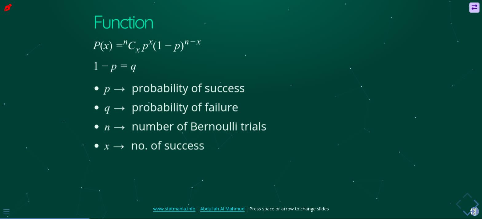 A teal lecture slide titled Function showing the binomial formula P(x) = nCx p^x (1-p)^(n-x), and bullets defining p, q, n and x.